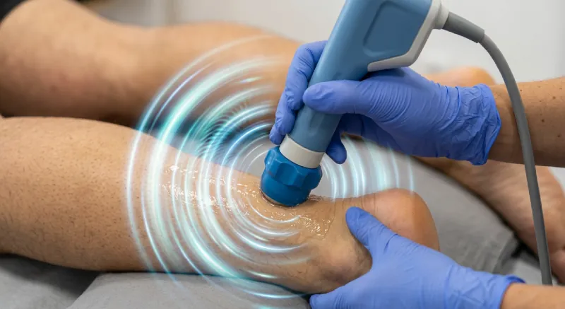 Aplicación de terapia de onda de choque radial en el tobillo de un paciente